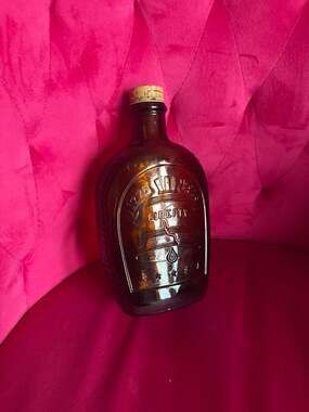 Vintage 1976 Bicentennial Log Cabin Syrup Amber Glass Bottle Liberty Bell Flask